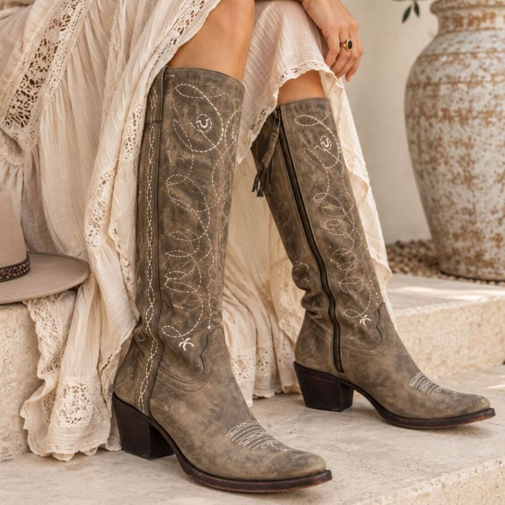 Charlie 1 Horse Western Cowboy Boots Distressed Gray Leather Side Zip 7.5